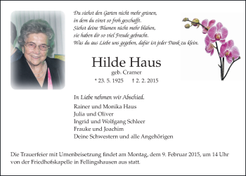 Traueranzeige von Hilde Haus von Gießener Allgemeine, Alsfelder Allgemeine