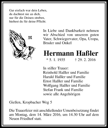 Traueranzeige von Hermann Haßler von Gießener Allgemeine, Alsfelder Allgemeine