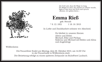 Traueranzeige von Emma Rieß von Wetterauer Zeitung, Wetterauer Zeitung