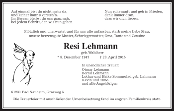 Traueranzeige von Resi Lehmann von Wetterauer Zeitung, Wetterauer Zeitung