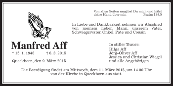 Traueranzeige von Manfred Aff von Gießener Allgemeine, Alsfelder Allgemeine