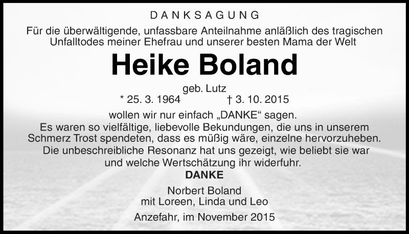  Traueranzeige für Heike Boland vom 07.11.2015 aus Alsfelder Allgemeine