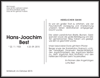 Traueranzeige von Hans-Joachim Best von Wetterauer Zeitung, Wetterauer Zeitung