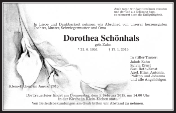 Traueranzeige von Dorothea Schönhals von Gießener Allgemeine, Alsfelder Allgemeine