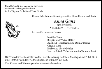 Traueranzeige von Anna Ganz von Gießener Allgemeine, Alsfelder Allgemeine
