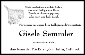 Traueranzeige von Gisela Semmler von Laubacher Anzeiger, Mücker Stimme, Heimatzeitung Grünberg + Laubach, Laubacher Anzeiger