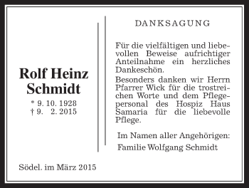 Traueranzeige von Rolf Heinz Schmidtd von Wetterauer Zeitung, Wetterauer Zeitung