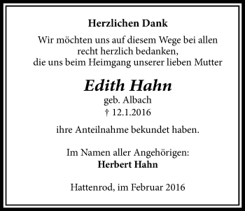 Traueranzeige von Edith Hahn von Licher Wochenblatt, Licher Wochenblatt, Licher Wochenblatt