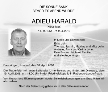 Traueranzeige von Harald John von Gießener Allgemeine, Alsfelder Allgemeine