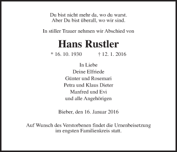 Traueranzeige von Hans Rustler von Gießener Allgemeine, Alsfelder Allgemeine