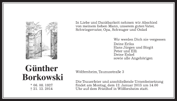 Traueranzeige von Günther Borkowski von Wetterauer Zeitung, Wetterauer Zeitung