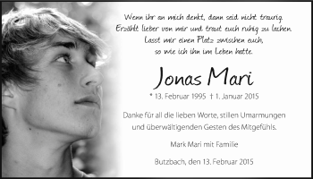 Traueranzeige von Jonas Mari von Wetterauer Zeitung, Wetterauer Zeitung