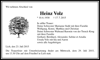 Traueranzeige von Heinz Volz von Licher Wochenblatt, Licher Wochenblatt, Licher Wochenblatt