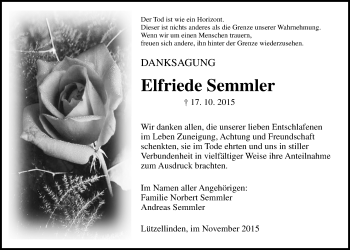 Traueranzeige von Elfriede Semmler von Gießener Allgemeine, Alsfelder Allgemeine
