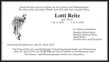 Traueranzeige von Lotti Reitz von Gießener Allgemeine, Alsfelder Allgemeine