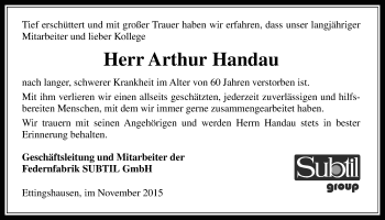 Traueranzeige von Arthur Handau von Gießener Allgemeine, Alsfelder Allgemeine