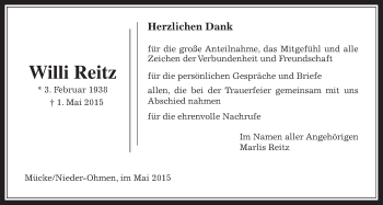 Traueranzeige von Willi Reitz von Gießener Allgemeine, Alsfelder Allgemeine