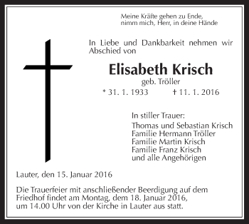 Traueranzeige von Elisabeth Krisch von Gießener Allgemeine, Alsfelder Allgemeine