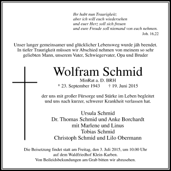 Traueranzeige von Wolfram Schmid von Wetterauer Zeitung