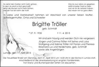 Traueranzeige von Brigitte Tröller von Gießener Allgemeine, Alsfelder Allgemeine