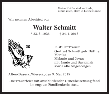 Traueranzeige von Walter Schmidt von Gießener Allgemeine, Alsfelder Allgemeine