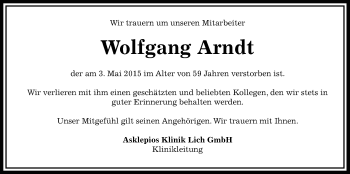 Traueranzeige von Wolfgang Arndt von Gießener Allgemeine, Alsfelder Allgemeine