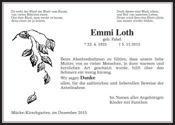 Traueranzeige von Emmi Loth von Mücker Stimme