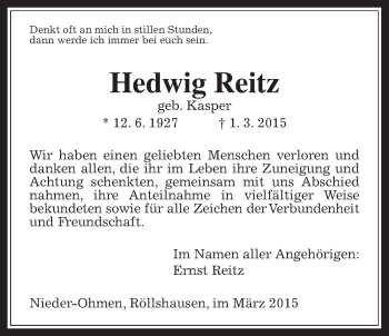 Traueranzeige von Hedwig Reitz von Alsfelder Allgemeine