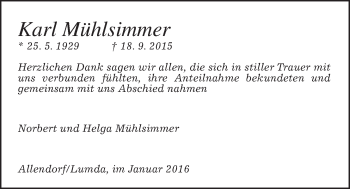 Traueranzeige von Karl Mühlsimmer von Allendorfer Mitteilungen
