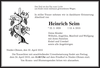 Traueranzeige von Heinrich Seim von Alsfelder Allgemeine