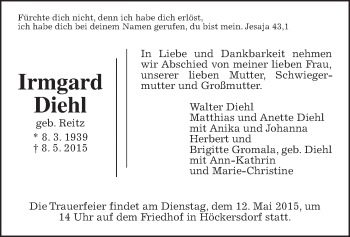 Traueranzeige von Irmgard Diehl von Gießener Allgemeine, Alsfelder Allgemeine