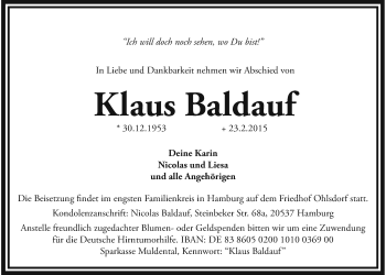 Traueranzeige von Klaus Baldauf von Gießener Allgemeine, Alsfelder Allgemeine, Wetterauer Zeitung, Wetterauer Zeitung