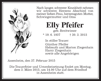 Traueranzeige von Elly Pfeifer von Gießener Allgemeine, Alsfelder Allgemeine, Wetterauer Zeitung, Wetterauer Zeitung