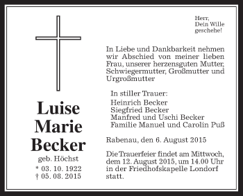 Traueranzeige von Luise Marie Becker von Gießener Allgemeine, Alsfelder Allgemeine