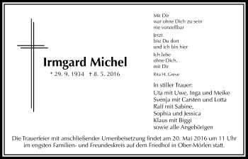 Traueranzeige von Irmgard Michel von Wetterauer Zeitung, Wetterauer Zeitung