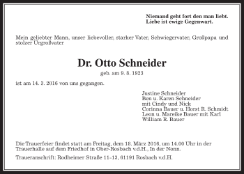 Traueranzeige von Otto Schneider von Wetterauer Zeitung, Wetterauer Zeitung