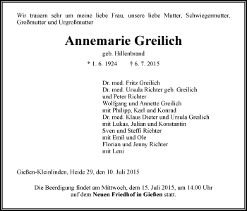 Traueranzeige von Annemarie Greilich von Gießener Allgemeine, Alsfelder Allgemeine