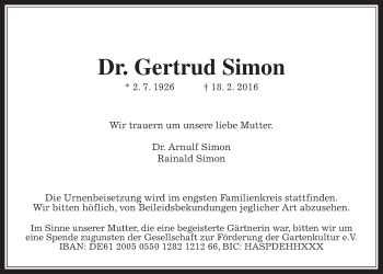 Traueranzeige von Gertrud Simon von Wetterauer Zeitung, Wetterauer Zeitung