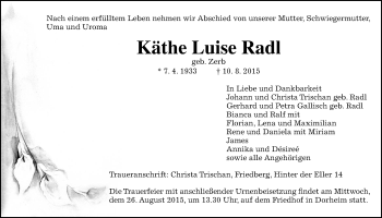 Traueranzeige von Käthe Luise Radl von Wetterauer Zeitung, Wetterauer Zeitung