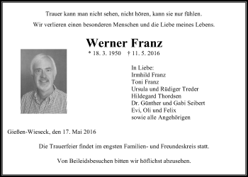 Traueranzeige von Werner Franz von Gießener Allgemeine, Alsfelder Allgemeine