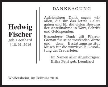 Traueranzeige von Hedwig Fischer von Wetterauer Zeitung, Wetterauer Zeitung