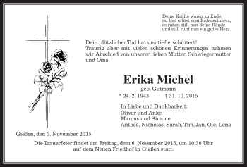 Traueranzeige von Erika Michel von Gießener Allgemeine, Alsfelder Allgemeine