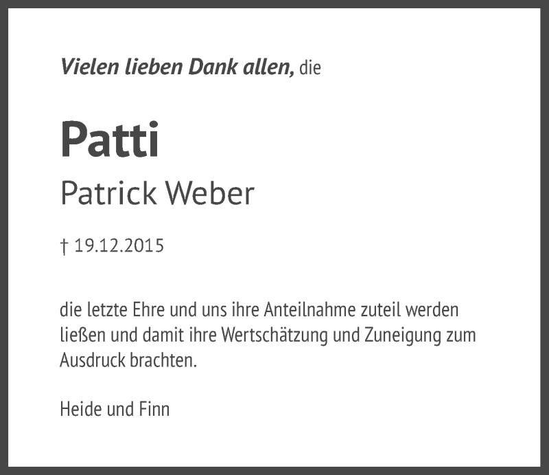  Traueranzeige für Patrick Weber vom 13.02.2016 aus Gießener Allgemeine, Alsfelder Allgemeine