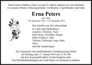 Traueranzeige von Erna Peters von Wetterauer Zeitung, Wetterauer Zeitung