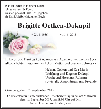 Traueranzeige von Brigitte Oetken-Dokupil von Gießener Allgemeine, Alsfelder Allgemeine