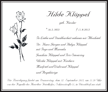 Traueranzeige von Hilde Klüppel von Gießener Allgemeine, Alsfelder Allgemeine