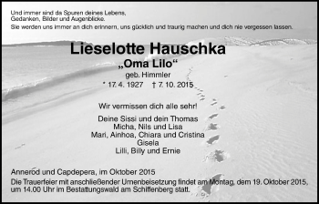 Traueranzeige von Lieselotte Hauscha von Gießener Allgemeine, Alsfelder Allgemeine