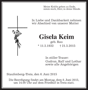 Traueranzeige von Gisela Keim von Gießener Allgemeine, Alsfelder Allgemeine