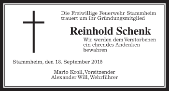 Traueranzeige von Reinhold Schenk von Wetterauer Zeitung, Wetterauer Zeitung