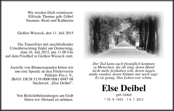Traueranzeige von Else Deibel von Gießener Allgemeine, Alsfelder Allgemeine